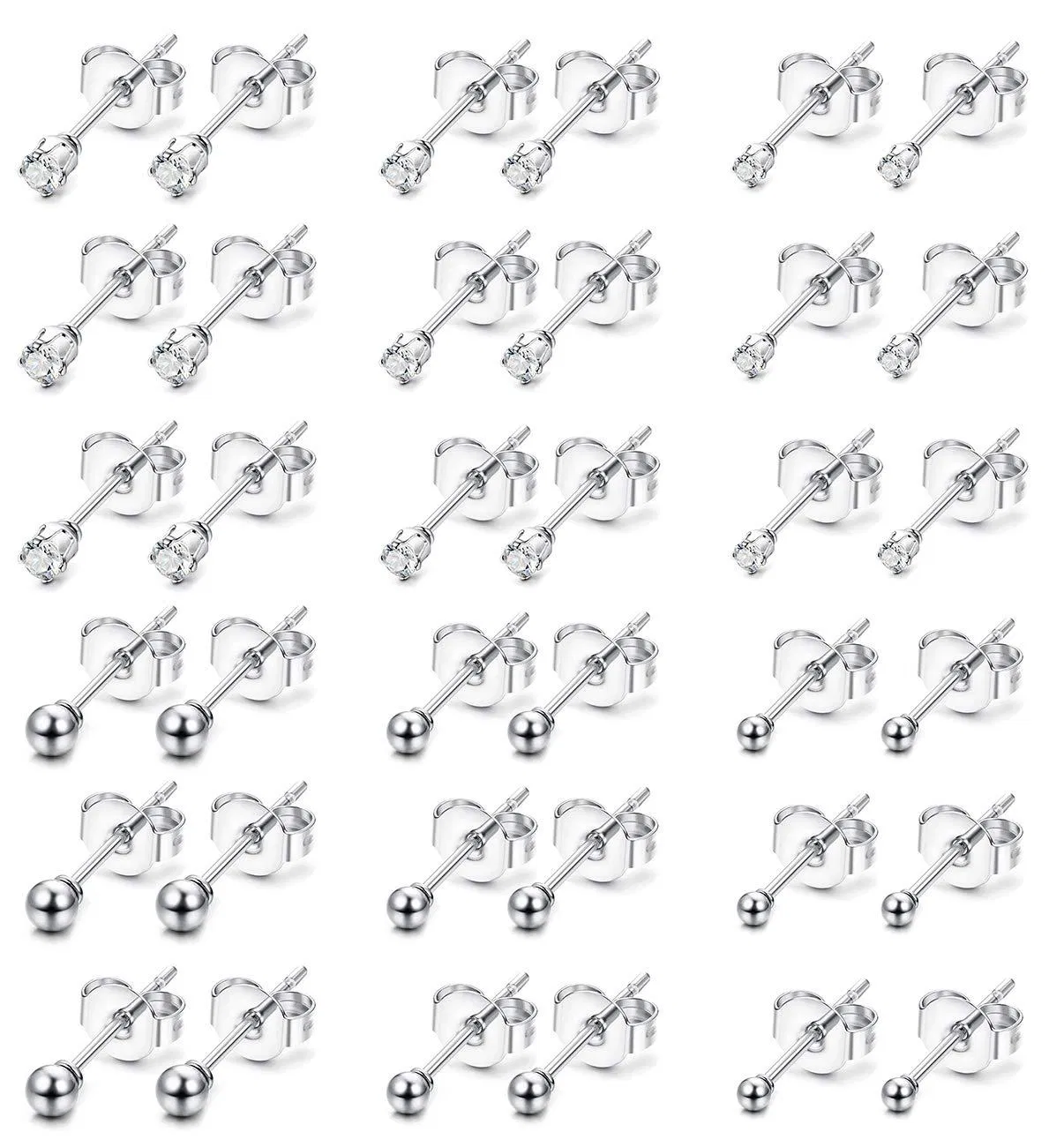 18 Pairs Tiny Stud Earrings for Women Stainless Steel Ball Mini Earrings and Cubic Zirconia Earrings Set 2mm 3mm 4mm - Grocery