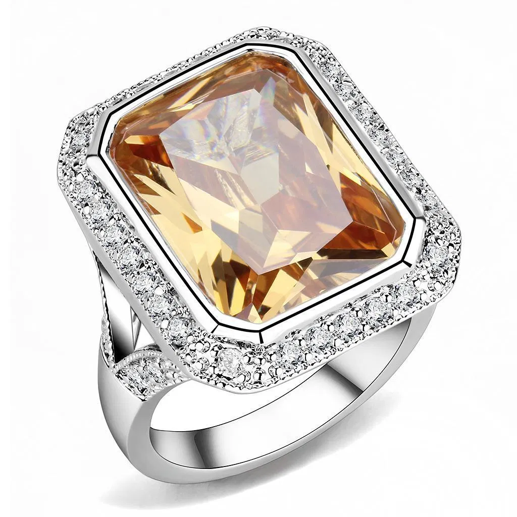 3W1471 - Rhodium Brass Ring with AAA Grade CZ in Champagne - Grocery