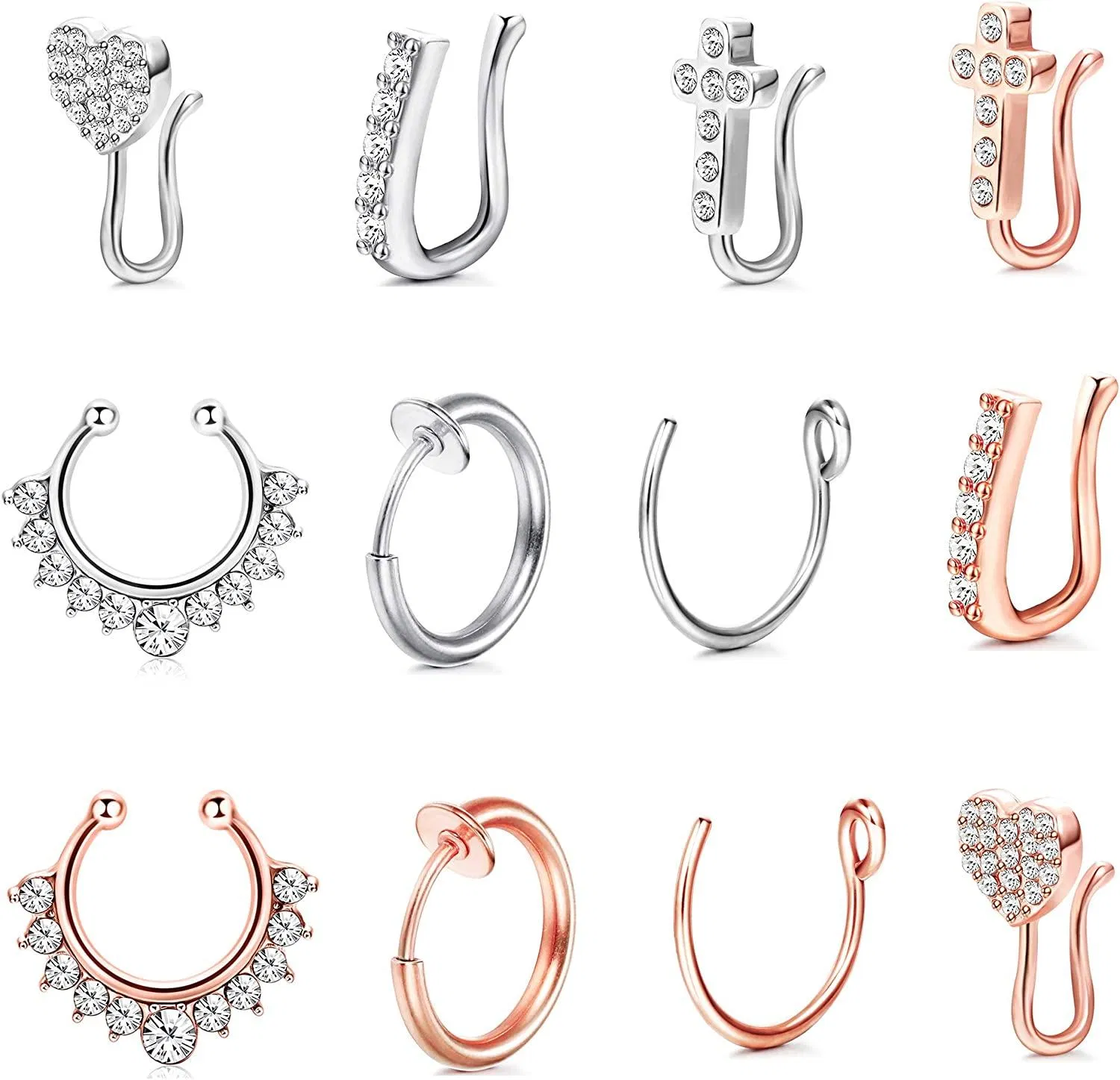 12Pcs Fake Nose Rings Clip on Nose Ring Hoop Septum Faux Nose Rings for Women Men - Grocery