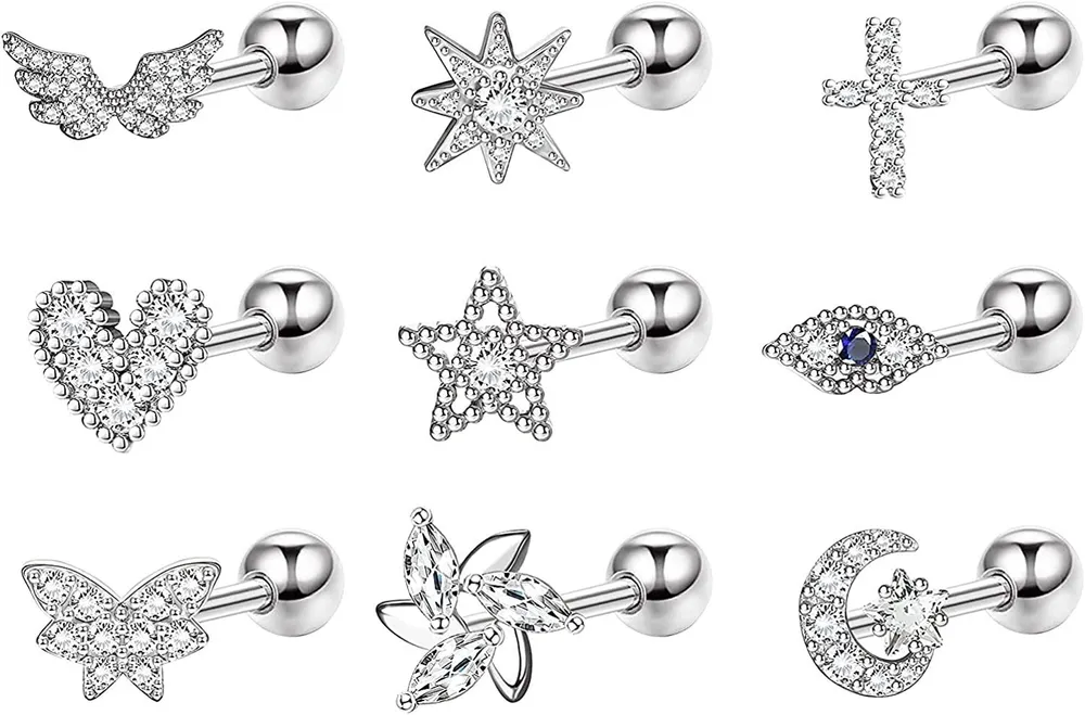 9Pcs 18G Cartilage Earrings 316L Stainless Tragus Earrings for Women Cross Heart Butterfly Moon and Star Tragus Helix Piercing Jewelry - Grocery