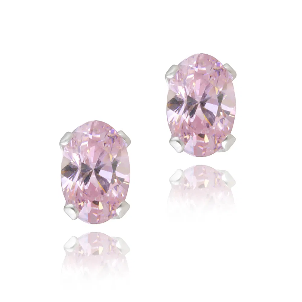 Sterling Silver Pink CZ 6x4mm Oval Stud Earrings - Grocery