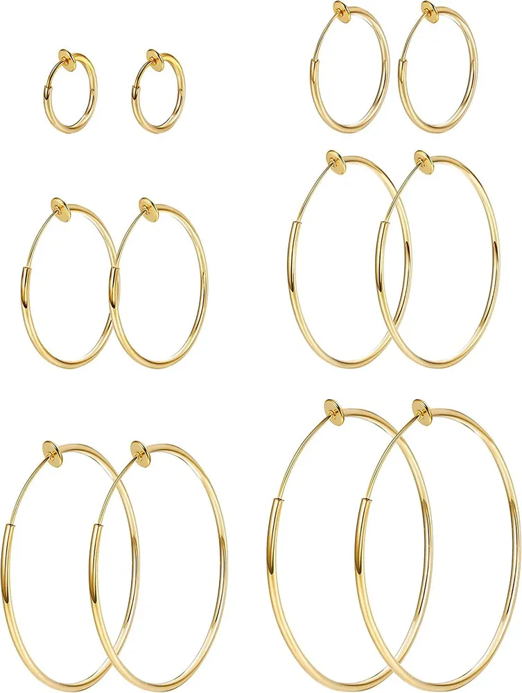 6 Pairs Stainless Hoop Earrings Set Clip On Hoop Earrings For Women Men Non Pierced Earrings - Grocery