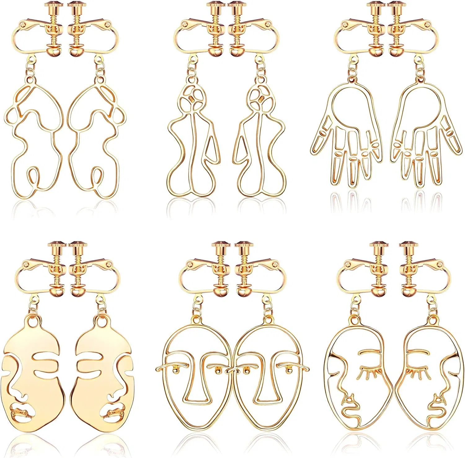 6 Pairs Abstract Face Statement Clip On Earrings for Women Gold Plated Hollow Face Hand Shaped Drop Dangle Clip Earrings Set Geometric Art Jewelry - Grocery