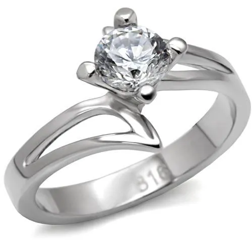 TK063 - High polished (no plating) Stainless Steel Ring with AAA Grade CZ in Clear - Grocery