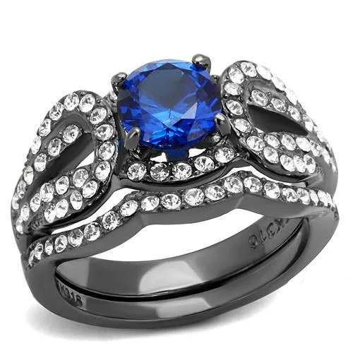 TK2740 - IP Light Black (IP Gun) Stainless Steel Ring with Synthetic Spinel in London Blue - Grocery