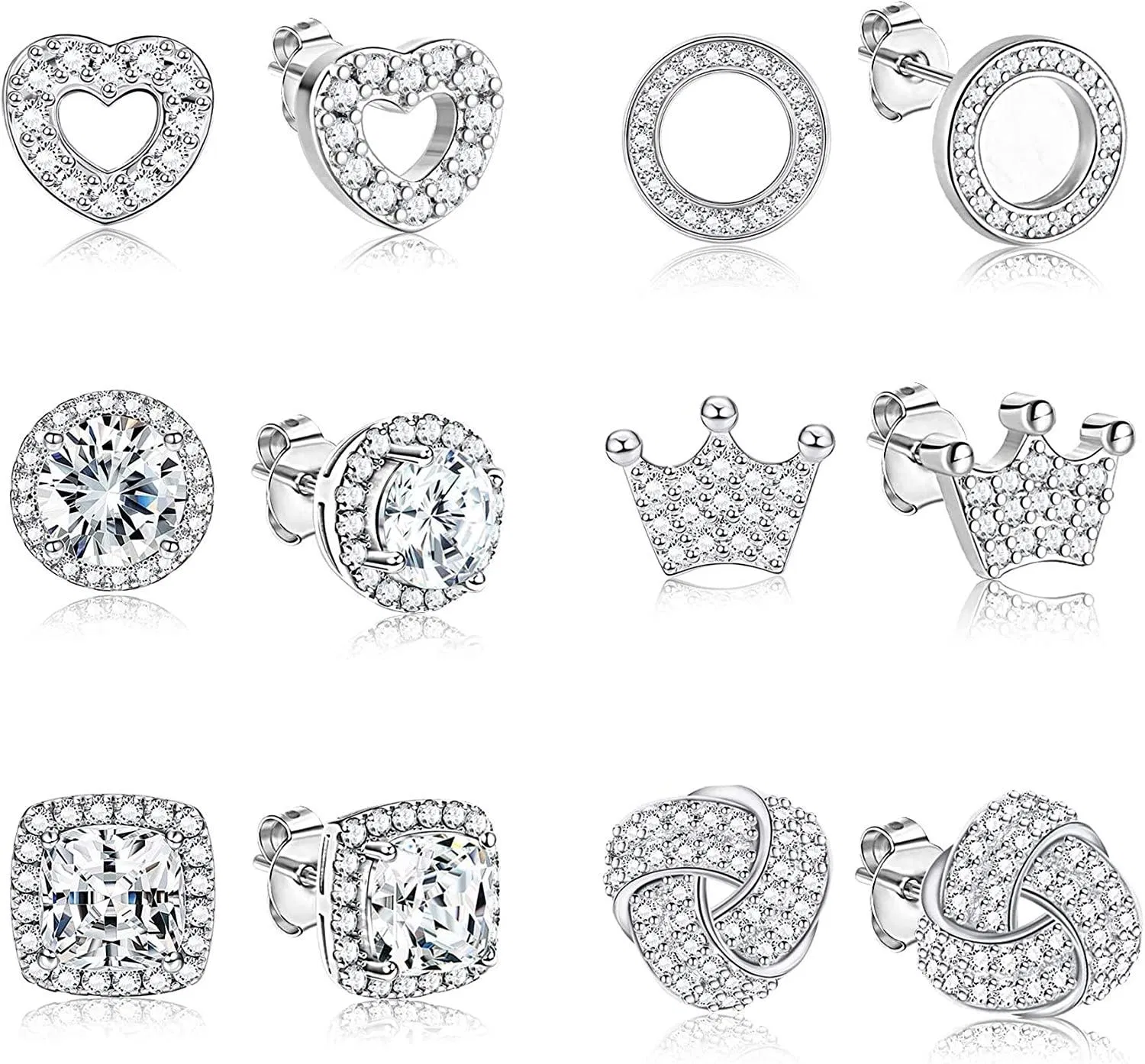 6 Pairs Halo Stud Earrings For Women 18K White Gold/Rose Gold Plated Round Square Knot Crown Love Circle Cubic Zirconia Brillant Cut Earrings - Grocery