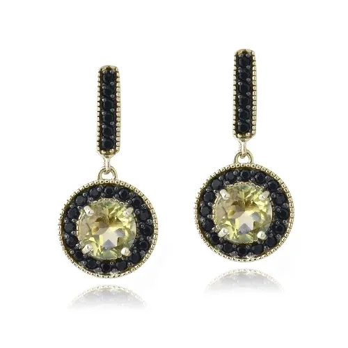 18K Gold over Sterling Silver 2.5ct Citrine & Black Spinel Round Dangle Earrings - Grocery