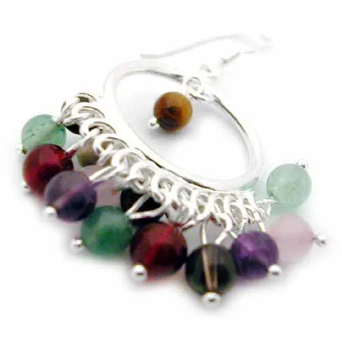 Sterling Silver Chandelier Hoop Earrings with genuine Tiger cats-eye, Carnelian, Amethyst, Aventurine, Rose Quartz, Smokey Quartz stone beads - Grocery