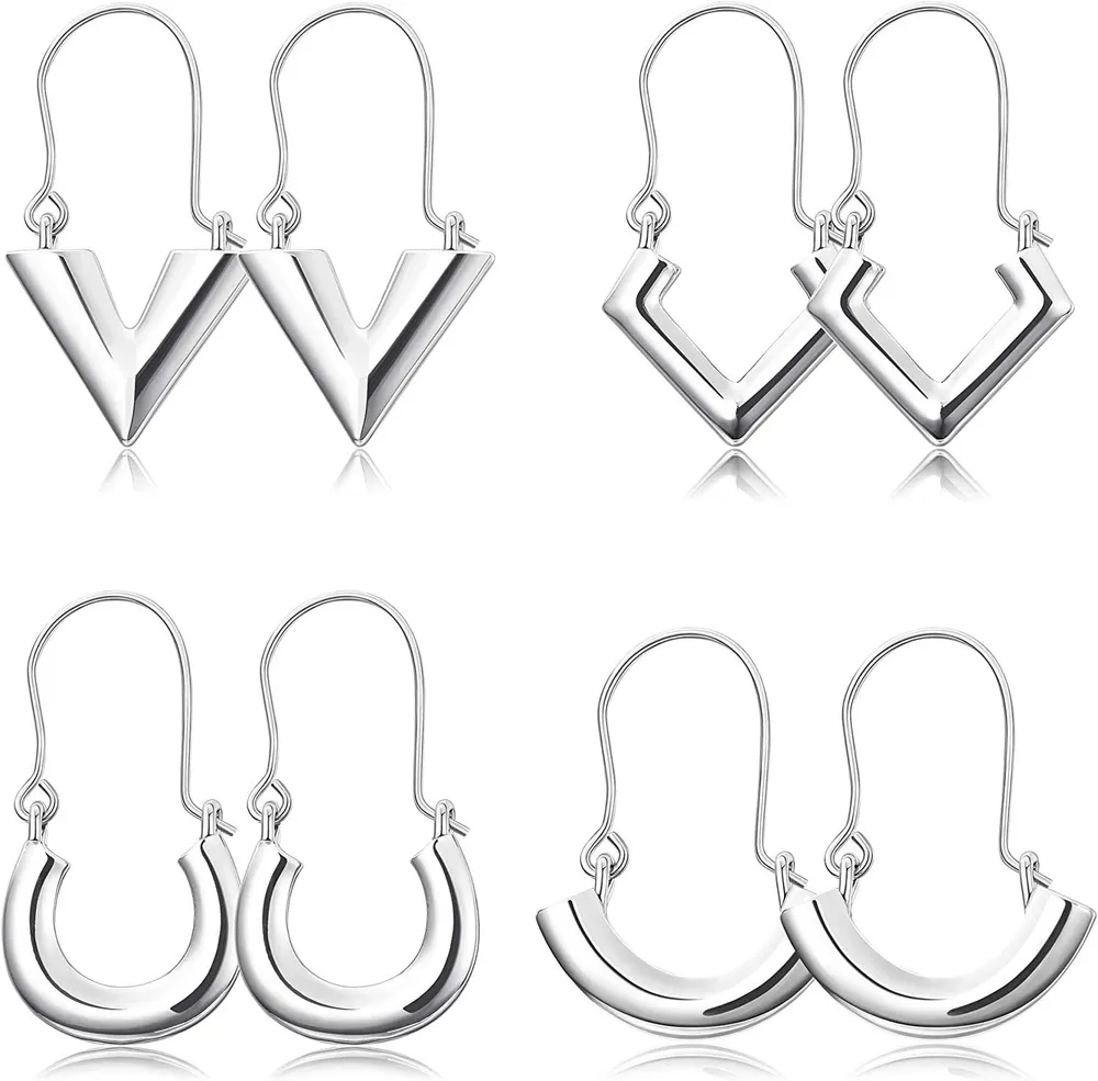 4 Pairs 20G Stainless Steel V-Shaped Geometric Earrings Drop Dangle Boho Hoop U Earrings for Women - Grocery