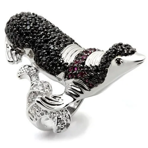 0W003 - Rhodium + Ruthenium Brass Ring with AAA Grade CZ in Multi Color - Grocery