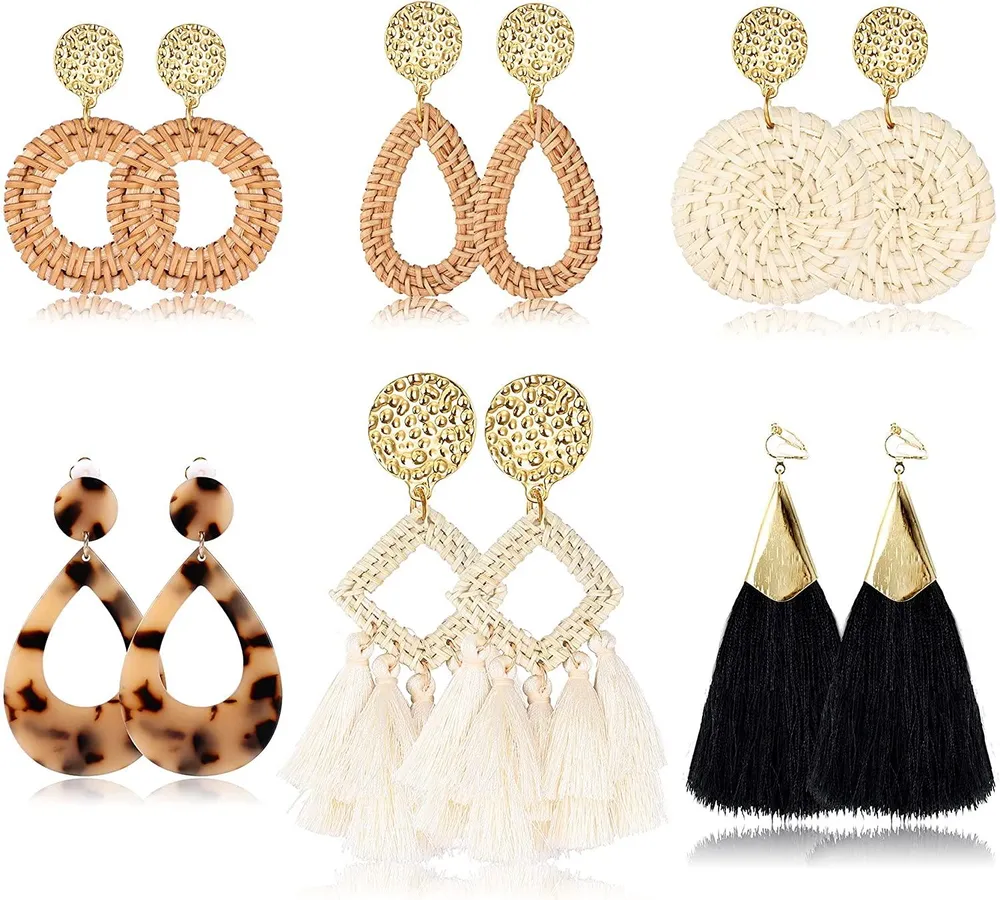 6 Pairs Clip on Earrings for Women Dangle Non Pierced Lightweight Statement Black Tassel Teardrop Rattan Acrylic Earrings Women's Clip-on Earrings Set - Grocery
