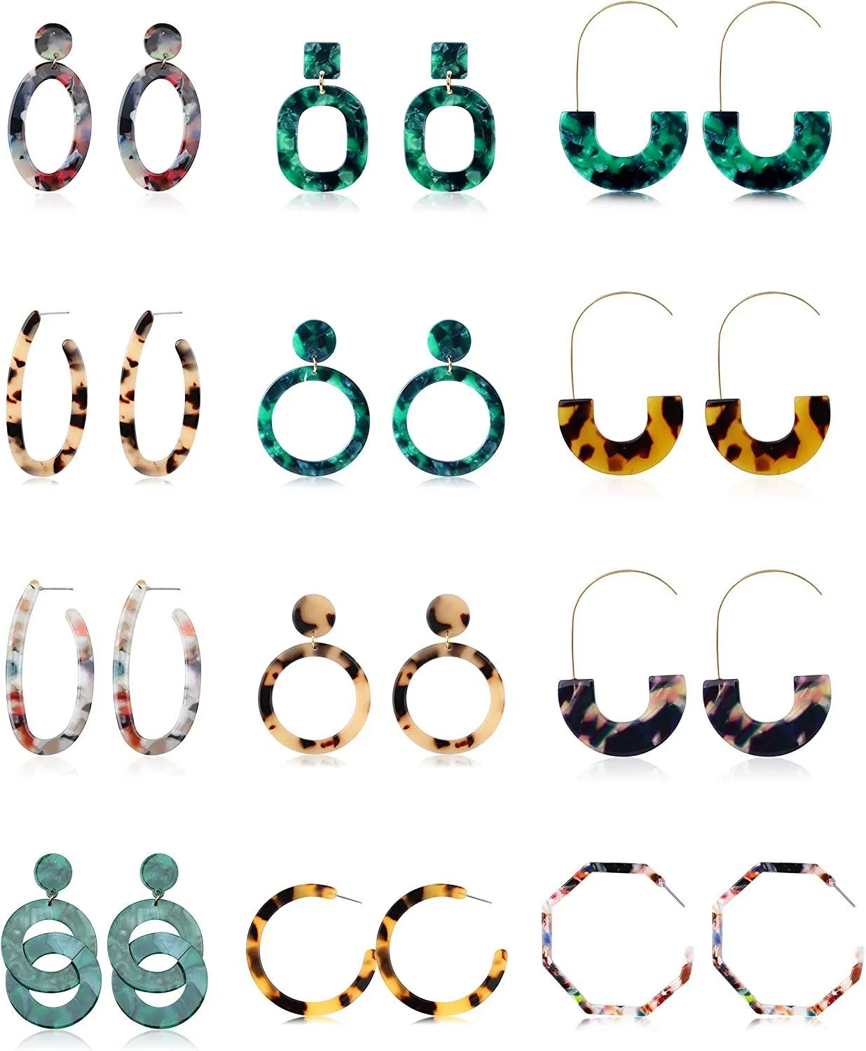 12Pairs Mottled Hoop Earrings for Womens Acrylic Resin Drop Dangle Earrings Lightweight Polygonal Bohemian Stud Earrings - Grocery