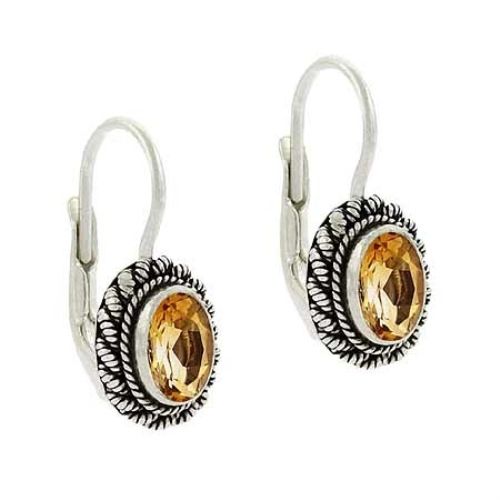 Sterling Silver .925 Genuine Citrine Stone Oval Twist Border Dangle LeverBack Lever Back Earrings - Grocery