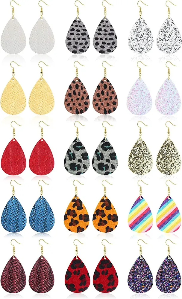 15 Pairs Leather Earrings for Women Lightweight Teardrop Dangle Earrings Multiple Color Leopard Printed - Grocery