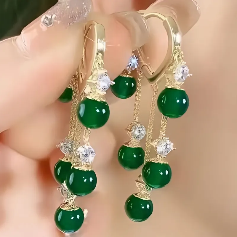 1 Pair Of Emerald Cat Eye Stone Tassel Earrings, Women's Jewelry - Grocery