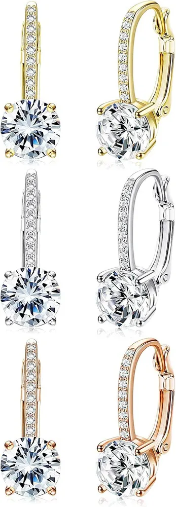 3 Pairs 14K Gold Plated Cubic Zirconia Leverback Earrings Halo Round Teardrop Square CZ Drop Dangle Earrings for Women Dangling Earrings Set - Grocery