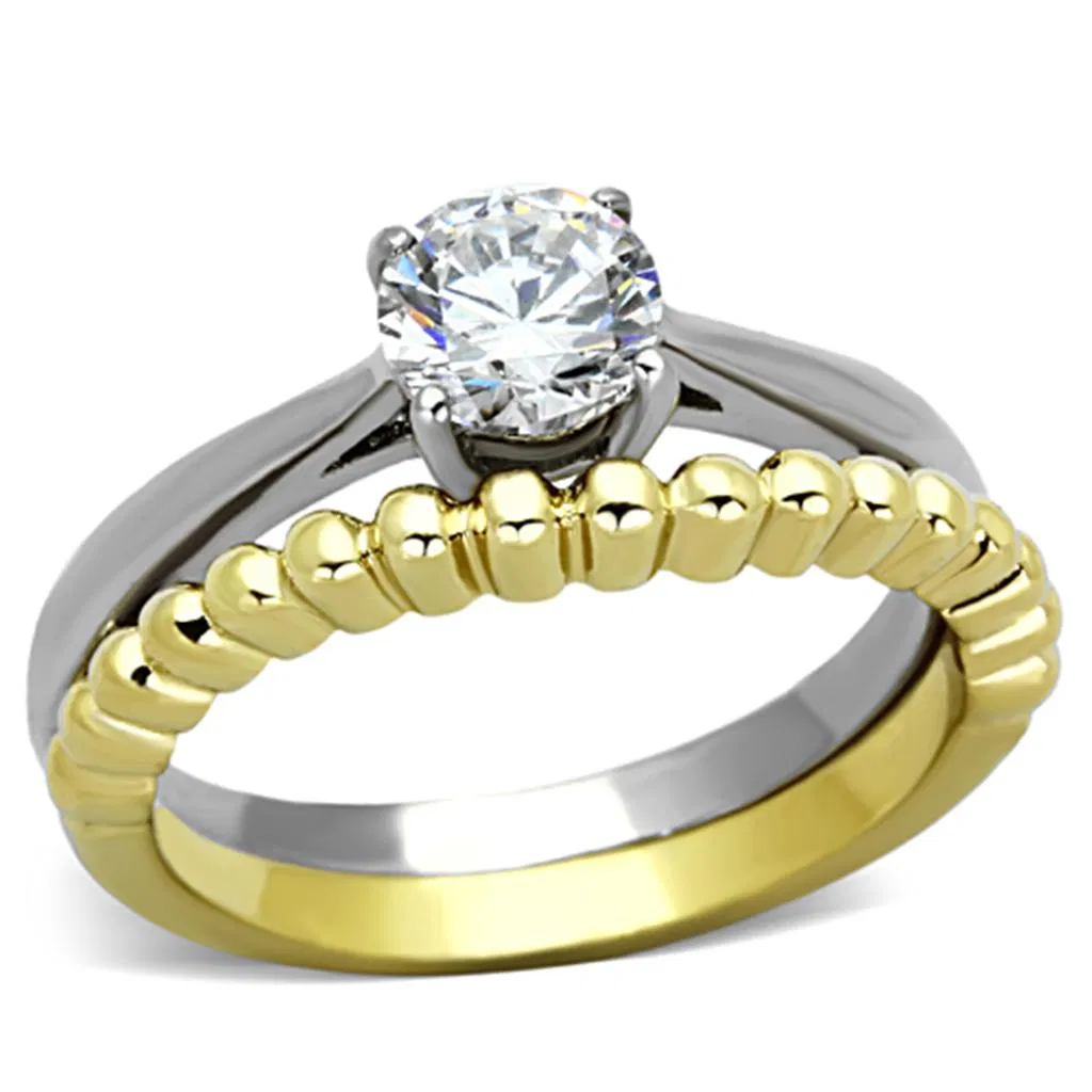 TK1093 - Two-Tone IP Gold (Ion Plating) Stainless Steel Ring with AAA Grade CZ in Clear - Grocery