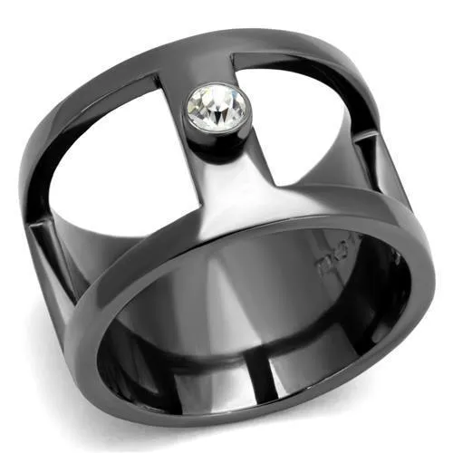 TK2898 - IP Light Black (IP Gun) Stainless Steel Ring with Top Grade Crystal in Clear - Grocery