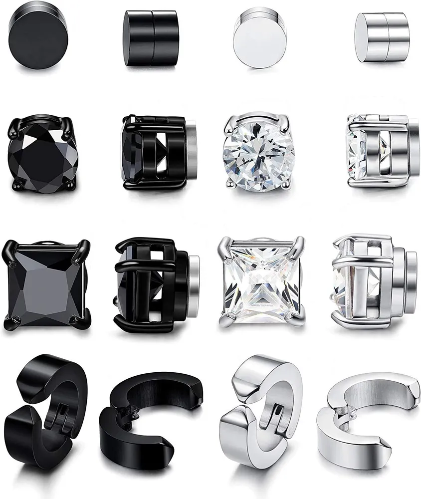 8 Pairs Stainless Magnetic Stud Earring for Men Women Black CZ Magnet Non Pierced Clip On Hypoallergenic Earrings Set - Grocery