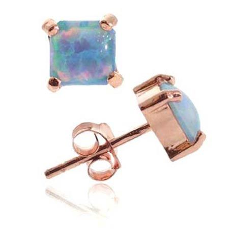 18K Rose Gold over Sterling Silver Created Blue Opal 5mm Square Stud Earrings - Grocery