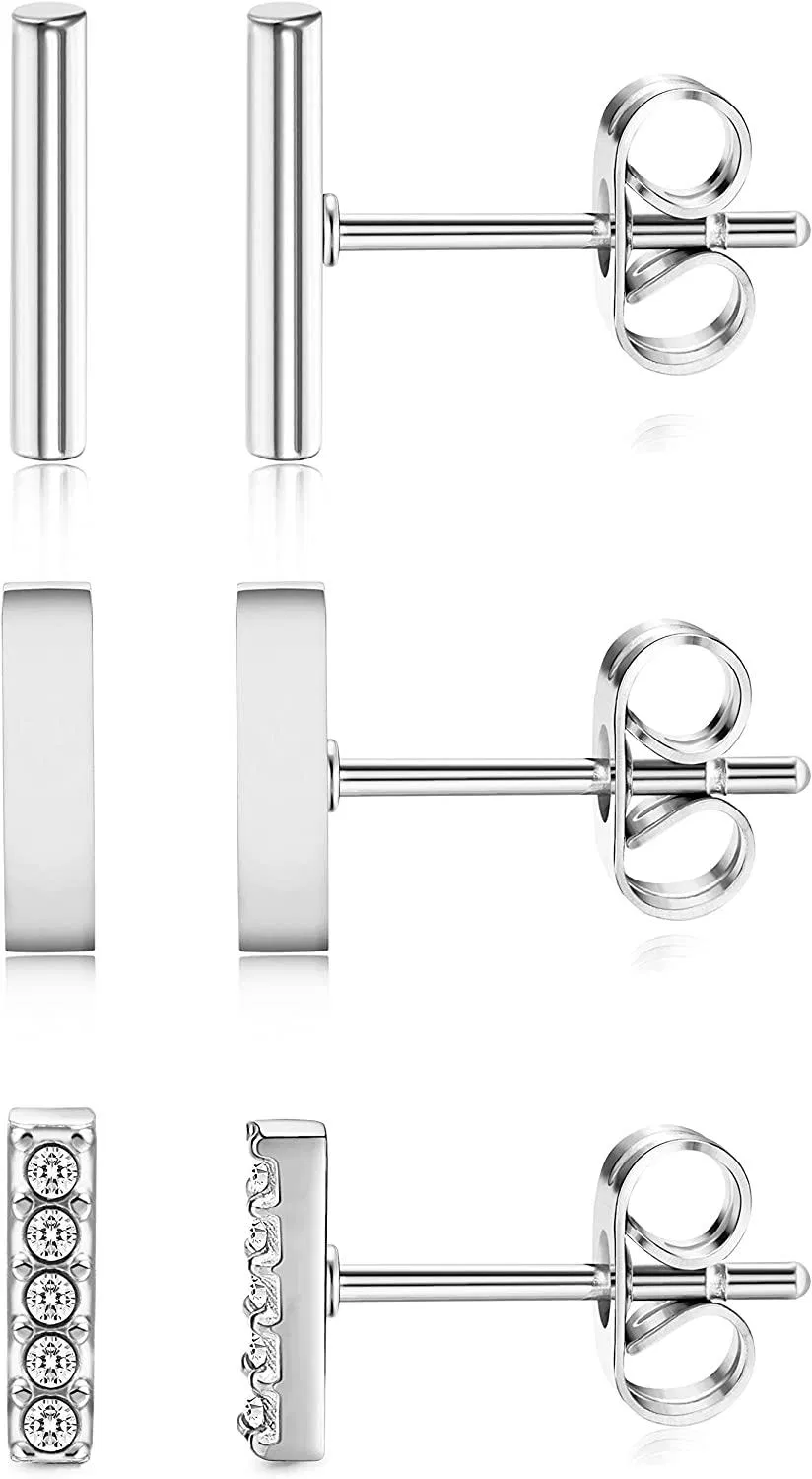 3 Pairs 20G Stainless Steel Mini Bar Earring Line Ear Studs Stick Stud Earrings For Women and Men - Grocery