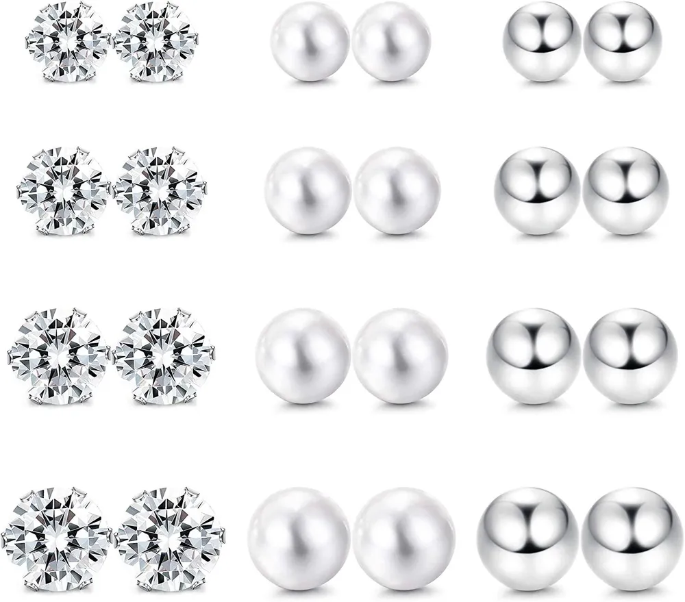 12 5-8MM Pairs Stainless Round Stud Earrings Cubic Zirconia Pearl Ball Earring Set for Women Men - Grocery