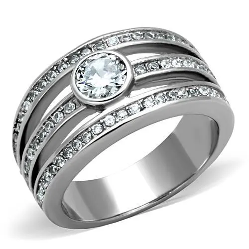 TK1525 - High polished (no plating) Stainless Steel Ring with AAA Grade CZ in Clear - Grocery