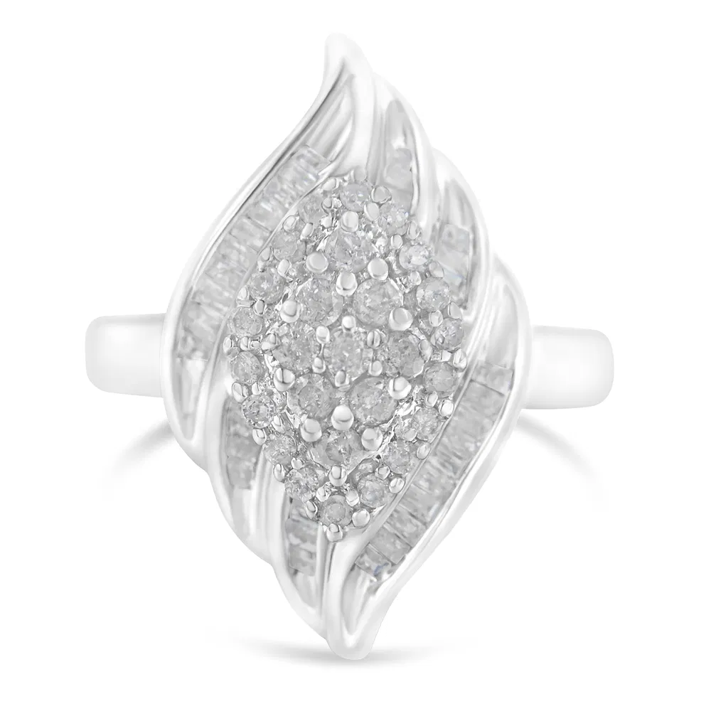 .925 Sterling Silver ¾ Cttw Round and Baguette Cut Diamond Stair-Stepped Cluster Waterfall Cocktail Ring (I-J Color, I2-I3 Clarity) - Grocery