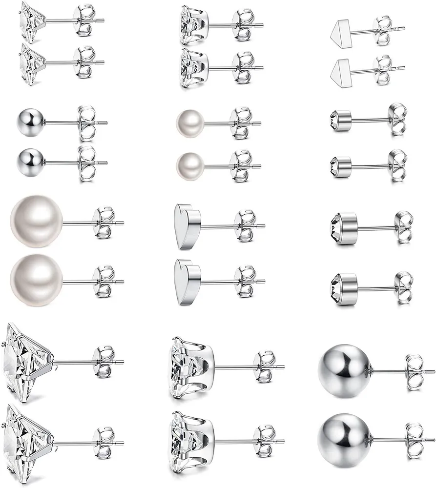 12Pairs Surgical Steel Stud Earring Set Earring Ball Triangle Heart CZ Earring - Grocery