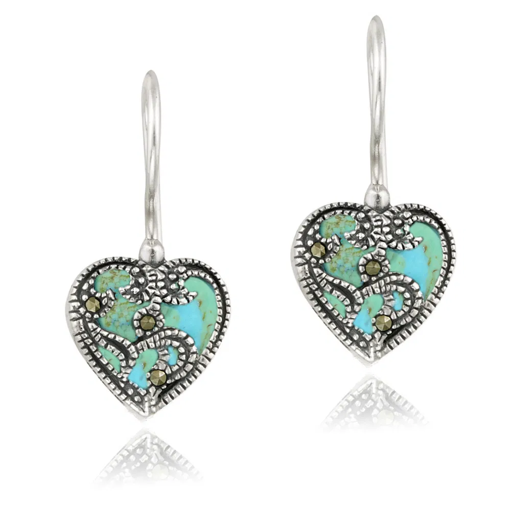 Sterling Silver Created Turquoise & Marcasite Heart Drop Earrings - Grocery