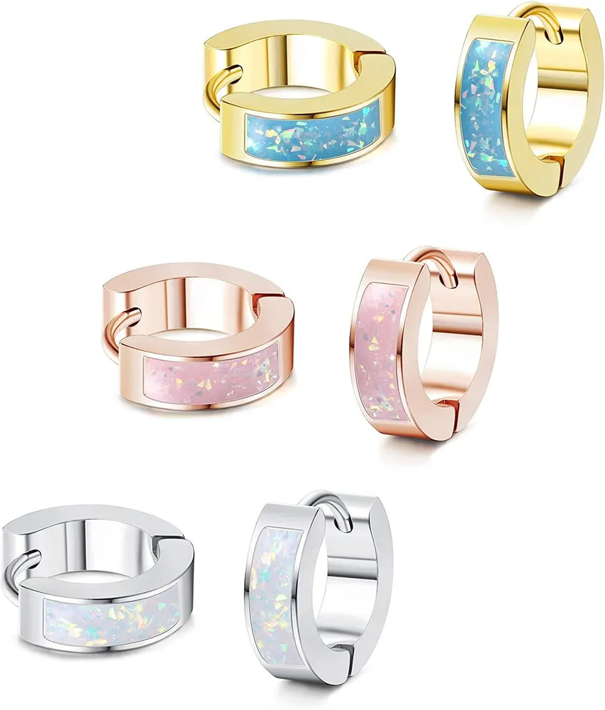3 Pairs Small Huggie Hoop Chunky Earrings Set Simulated Opal Hinged Earrings Mini Cuff Earrings for Woman Men - Grocery