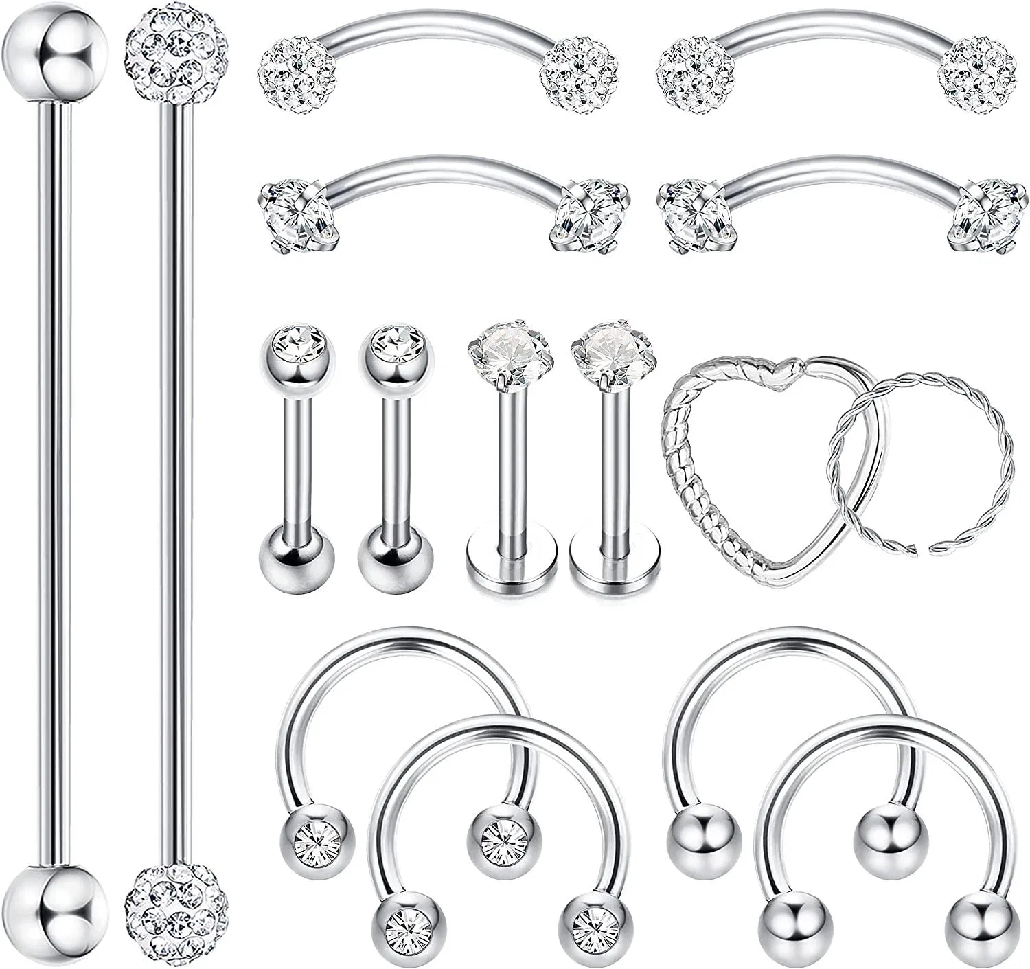 14G Surgical Industrial Piercing Jewelry for Women Industrial Barbell Earring Set Cartilage Rook Helix Tragus Daith Lip Piercing 16pcs - Grocery