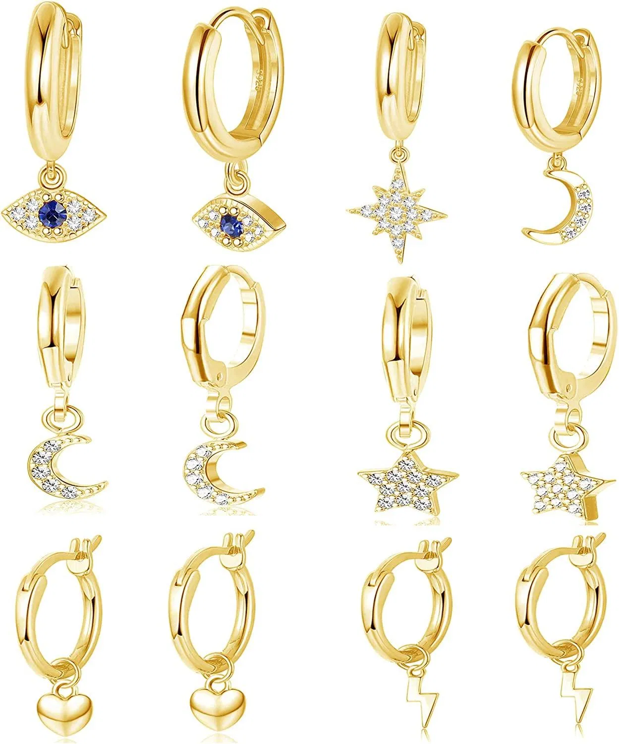 6 Pairs Huggie Hoop Earrings for Women Heart CZ Star Moon Evil Eye Dangle Hoop Cute Drop Earrings Set - Grocery