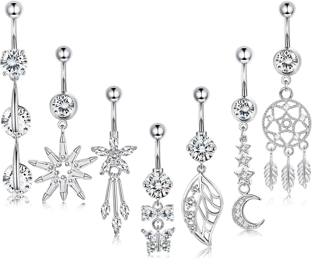 7 Pcs 14G Dangle Belly Button Rings for Women 316L Surgical Steel Navel Rings Belly Rings Barbell Body Piercing Jewelry - Grocery