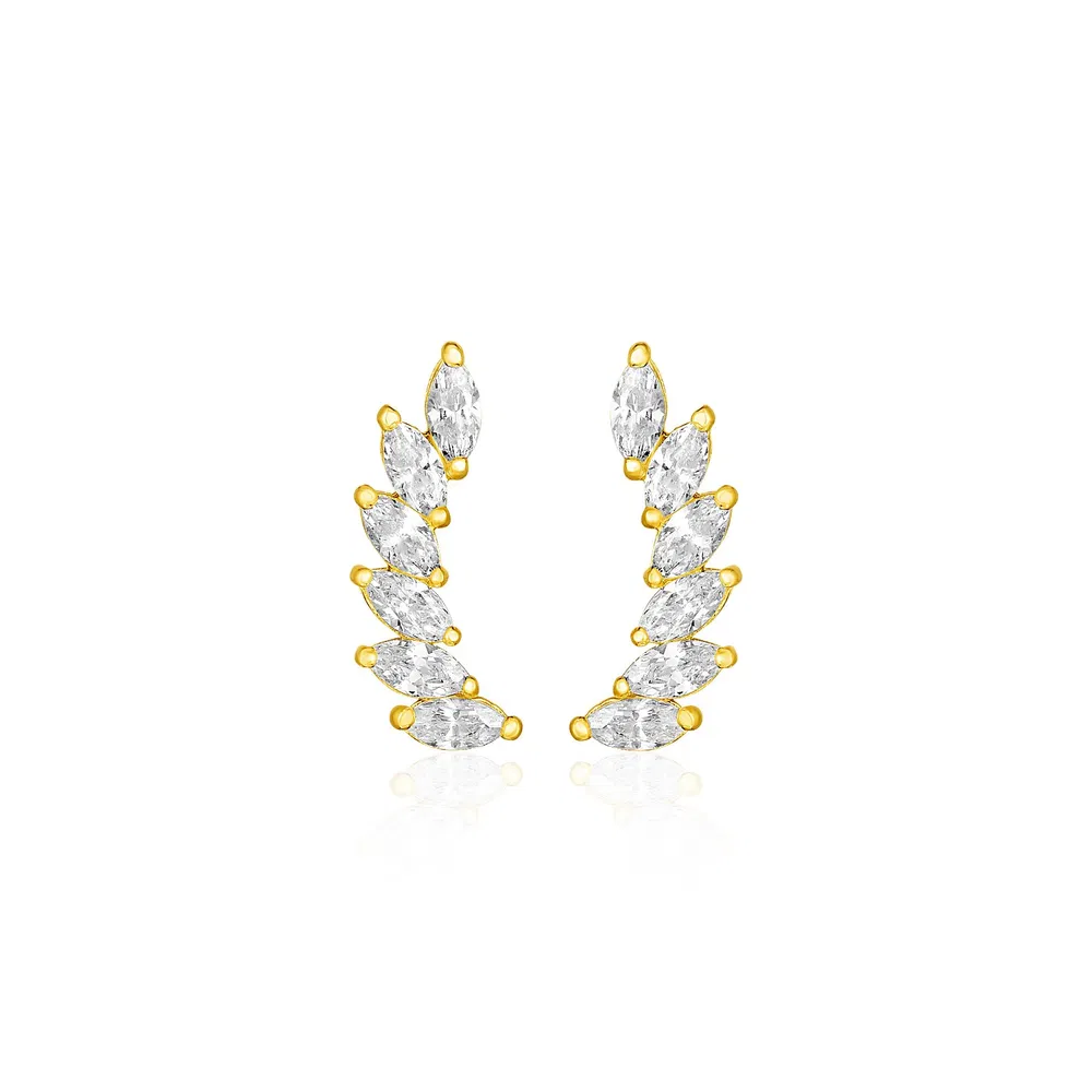 14k Yellow Gold Leaf Motif Climber Post Earrings with Marquise Cubic Zirconias - Grocery