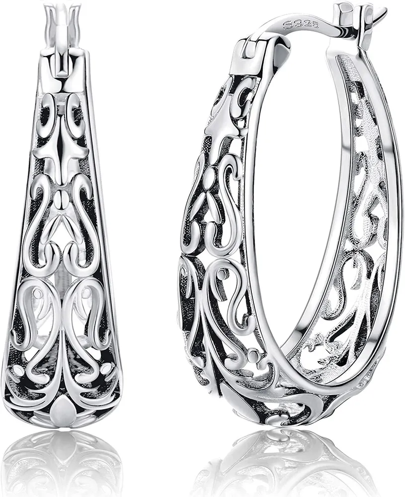 Oxidized 925 Sterling Silver Filigree Hoop Earrings for Women Vintage 14K Gold Plated Oval Hoop Earrings - Grocery