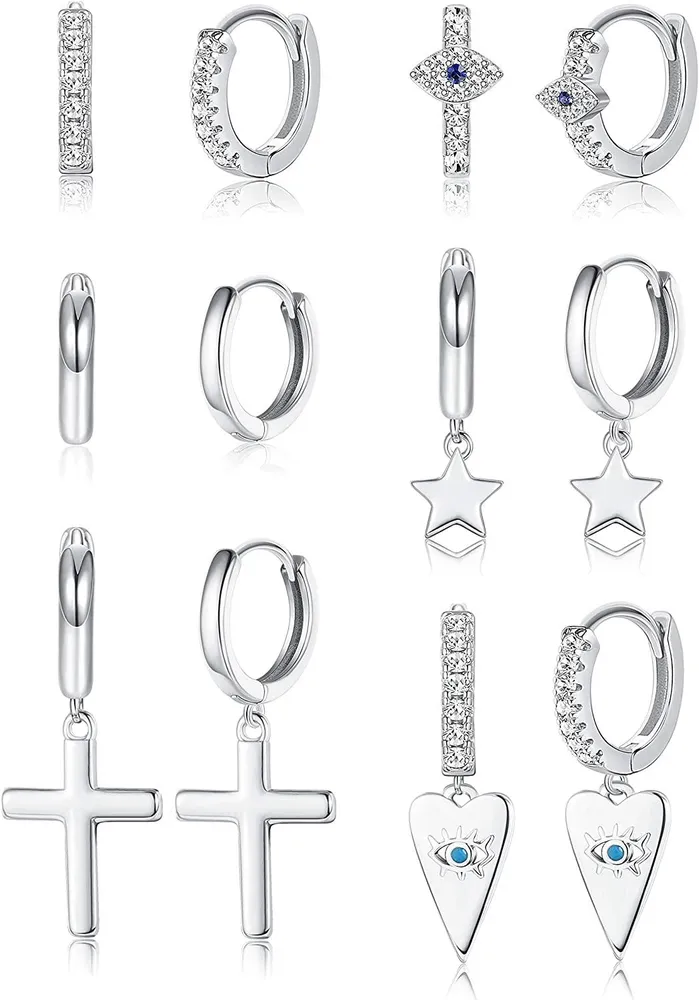 6 Pairs Evil Eye Huggie Hoop Earrings for Women Tiny Heart Star Cross Pendant CZ Huggie Hoop Earrings Dainty Cute Dangle Hoop Sleeper Earrings Gift - Grocery