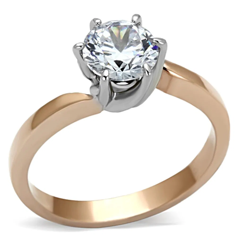 TK1161 - Two-Tone IP Rose Gold Stainless Steel Ring with AAA Grade CZ in Clear - Grocery