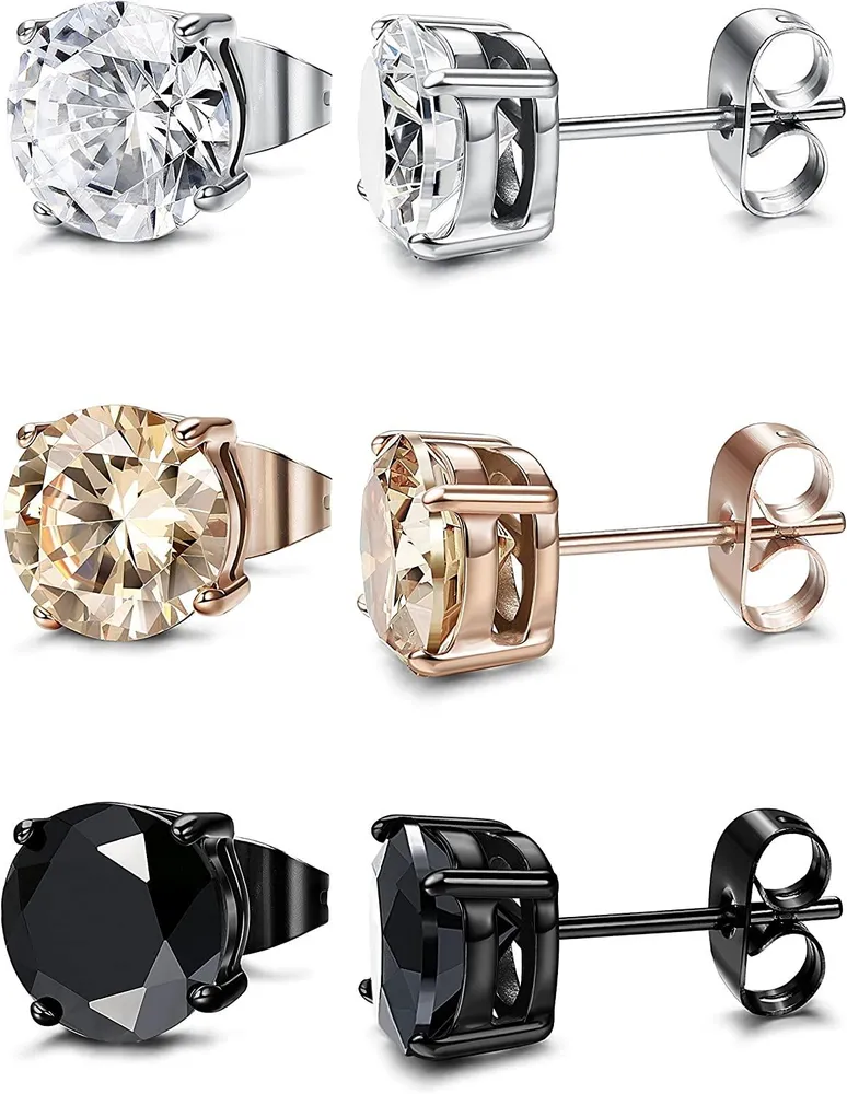 3 Pairs Stainless Mens Womens Stud Earrings CZ 4-8MM Nickel Free - Grocery