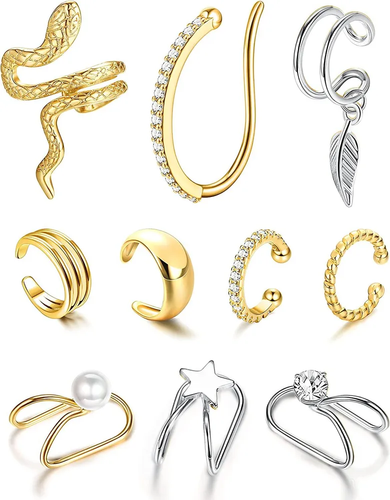 10Pcs Clip On Ear Cuffs for Women Men Gold Silver Dainty Cartilage Helix Ear Wrap Non Piercing Huggie Earring Jewelry - Grocery