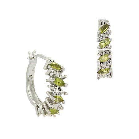 Sterling Silver .925 Genuine Peridot Stone Marquise Cut Genuine Diamond Accent Hoop Earrings - Grocery