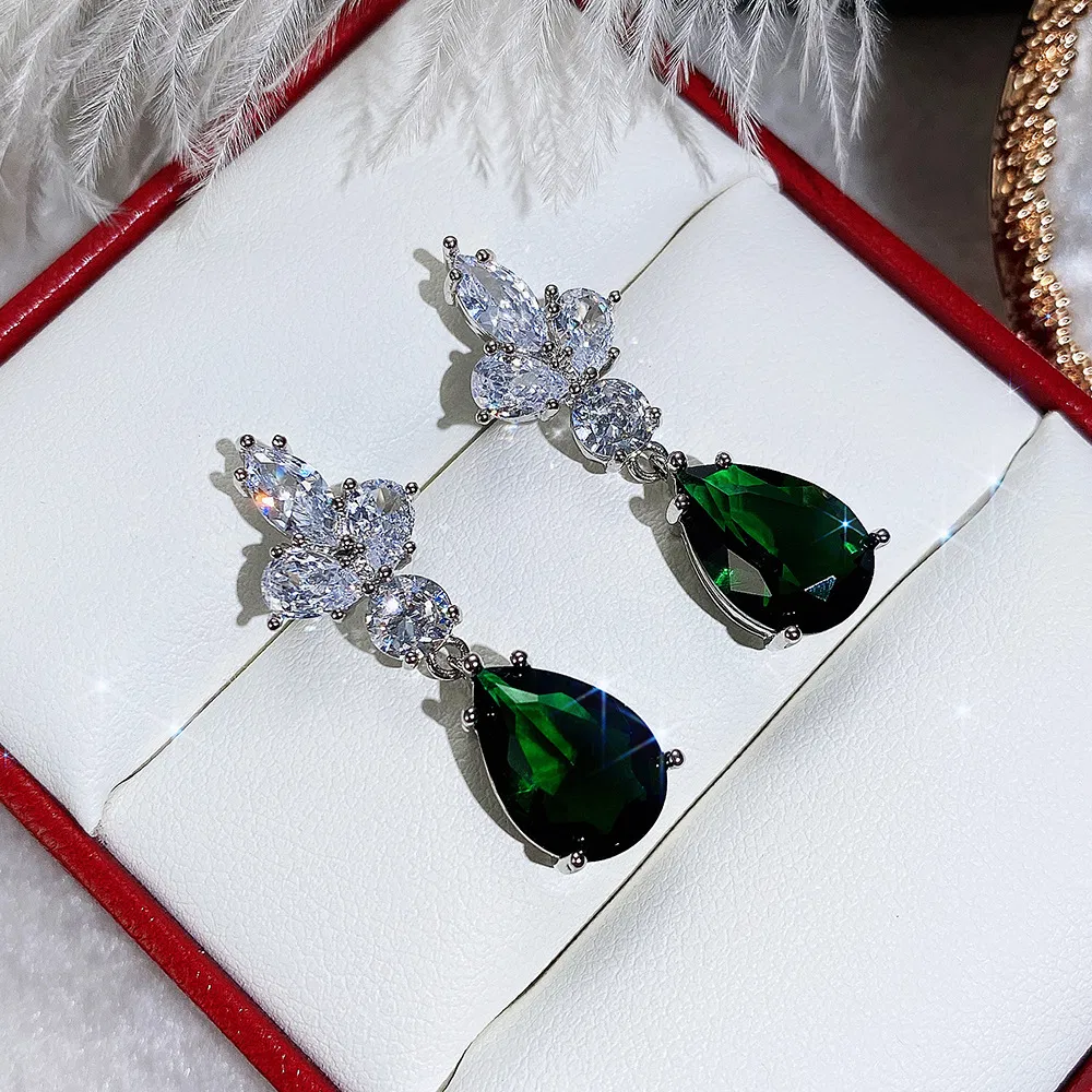 Teardrop Earrings Emerald Zircon Drop Earrings Ladies Wedding Earrings Party Jewelry - Grocery