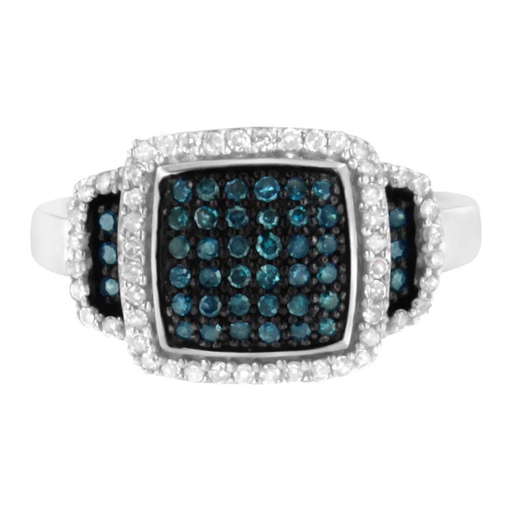 Black Rhodium Plated .925 Sterling Silver 1/2 Cttw White & Blue Diamond Square Halo Cocktail Ring (Fancy Blue & H-I Color, I2-I3 Clarity) - Grocery