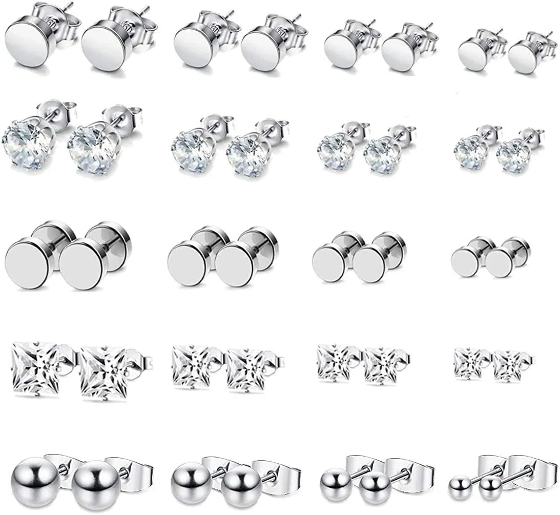 20 Pairs Stainless Stud Earrings for Men Women Cool CZ Earring Set Ear 3-6mm - Grocery