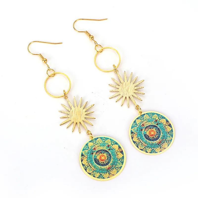 Vintage Mandala Flower Small Sun Gold Silver Brass Print Earrings - Grocery