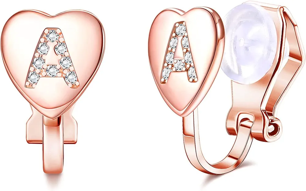 Heart Initial Clip on Stud Earrings for Women Rose Gold Plated Dainty Alphabet Letters Stud Earrings Non Pierced Stud Earrings - Grocery