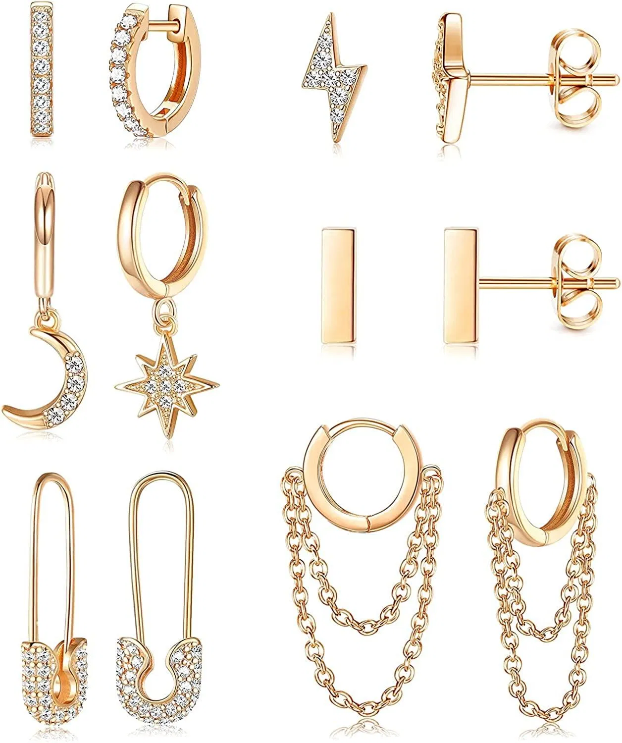 6 Pairs Huggie Hoop Earrings for Women Men Moon and Star Dangle Earrings Studs Set for Women - Grocery