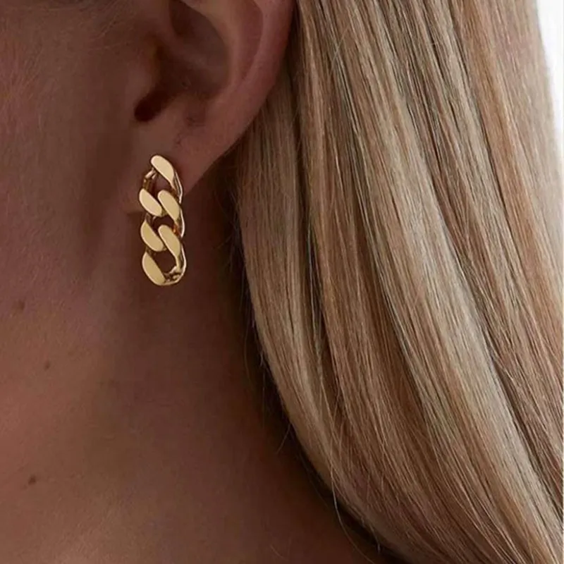 Stainless Steel Women Jewelry 18K Gold Plated Thick Cuban Link Chain Earrings - Grocery