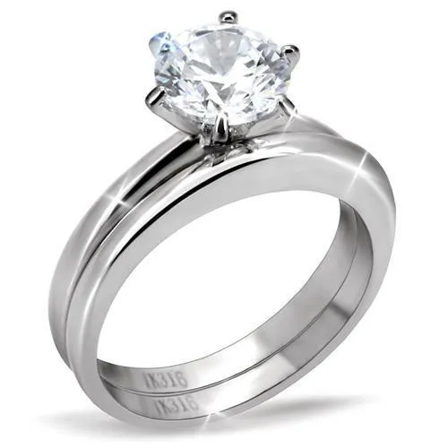 TK097 - High polished (no plating) Stainless Steel Ring with AAA Grade CZ in Clear - Grocery