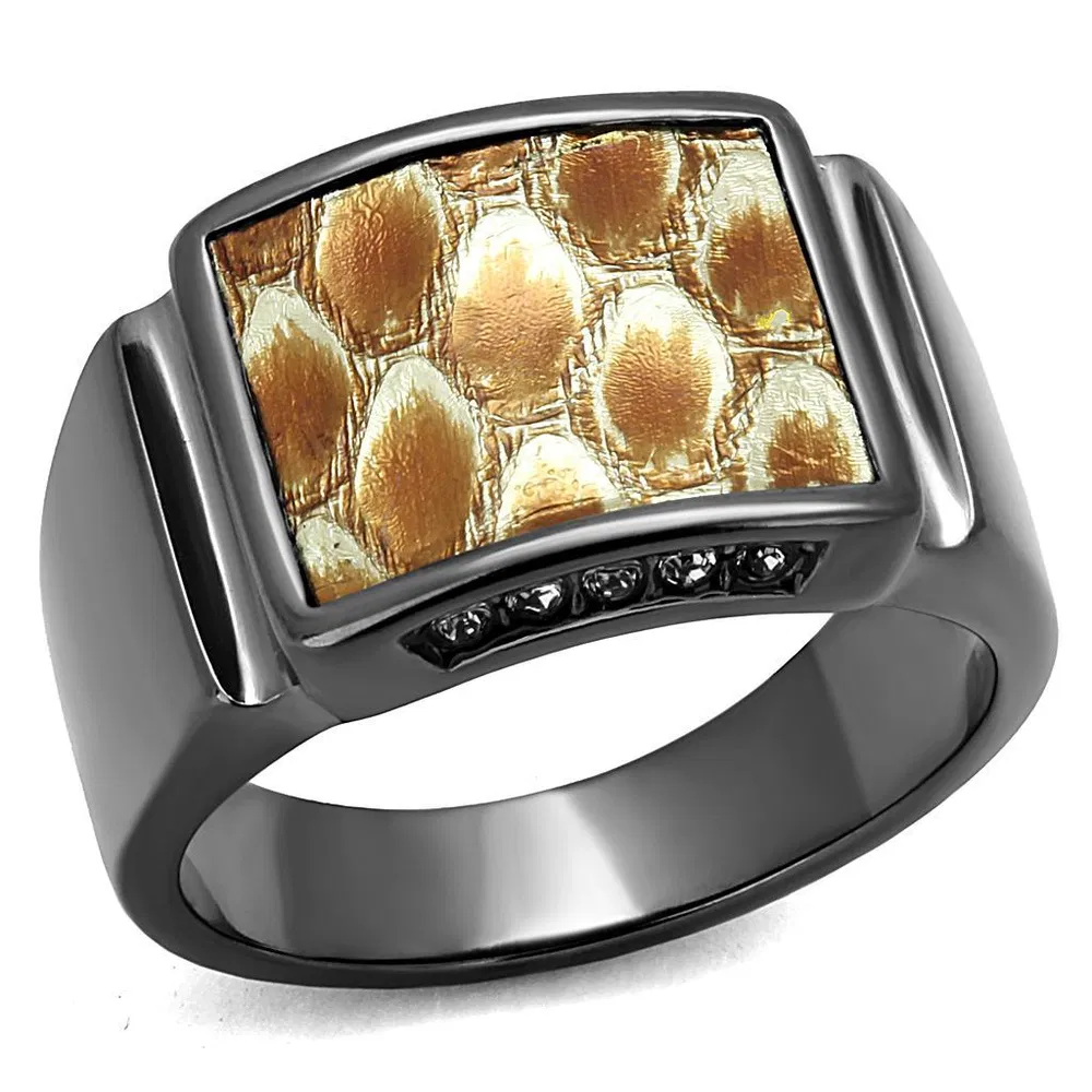 TK2738 - IP Light Black (IP Gun) Stainless Steel Ring with Leather in Brown - Grocery